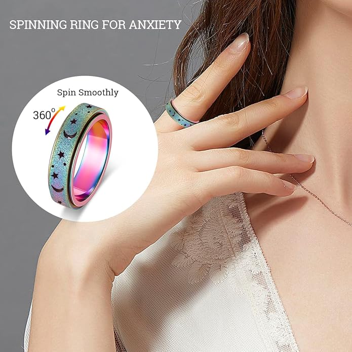 AmorArtSky Anxiety Ring for Women Men, Titanium Stainless Steel Spinner Ring, 5 Colors, 6MM, Size 6-10, 3 Styles Anxiety Ring-Moon Star, Sandblasted Finished, Hollow Outer