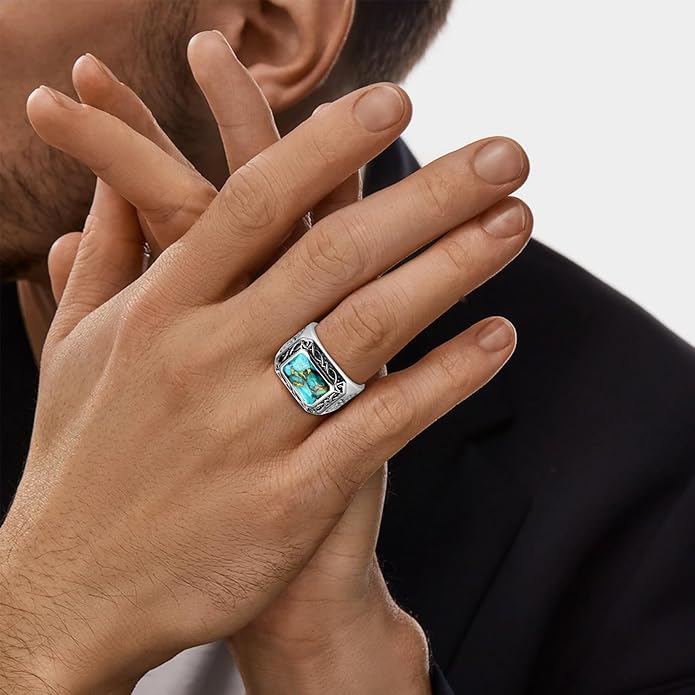 5CT 8X12mm Radiant Cut Teal Turquoise Ring/Created Mens Black Onyx 925 Sterling Silver Mens Ring Cocktail Rings Celtic Pattern Pinky Thumb Ring Band for Dad Father Size 7-12