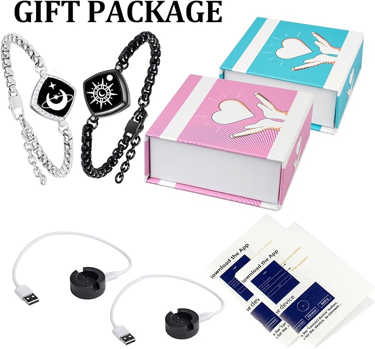 PULOMI Long Distance Touch Bracelets, Vibration & Light up Remote Smart Matching Couples Bracelet for Couple Long Distance Relationship Girlfriend Boyfriend Festival Gifts Lover Jewelry Set