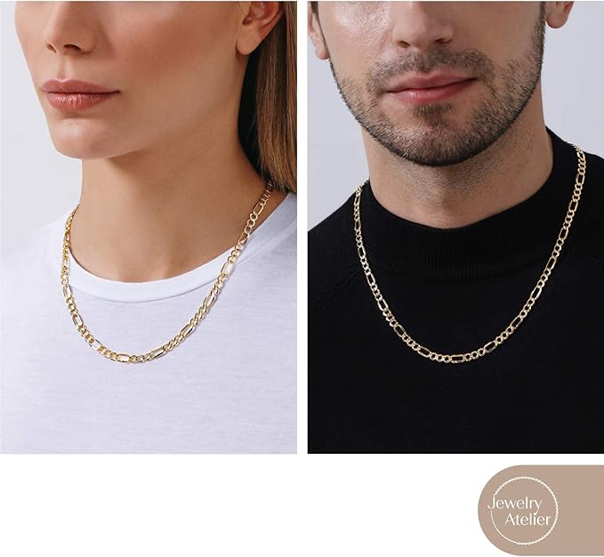 Jewelry Atelier Gold Chain Necklace Collection - 14K Solid Yellow Gold Filled Figaro Chain Necklaces for Women and Men with Different Sizes (2.8mm, 3.7mm, 4.7mm, 5.6mm)