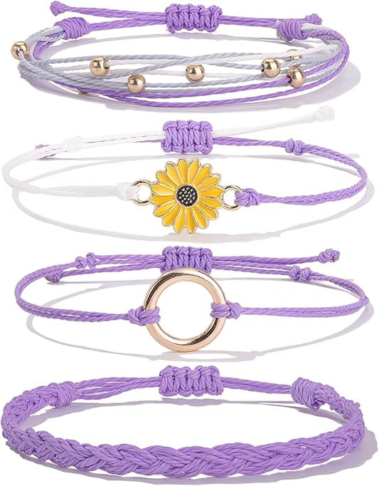 FANCY SHINY Sunflower String Bracelet Boho Braided Rope Wrap Bracelets Cute Summer Beach Surfer Jewelry for Women