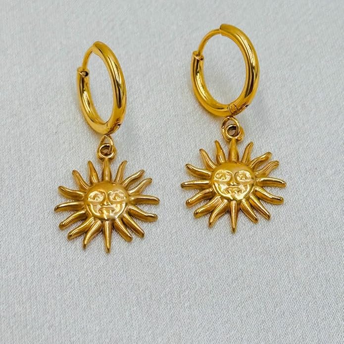 Sunburst Heart Dangle Hoop Earrings, 18K Gold Plated hypoallergenic Stainless Steel Cute Jewelry for Women daily Wear