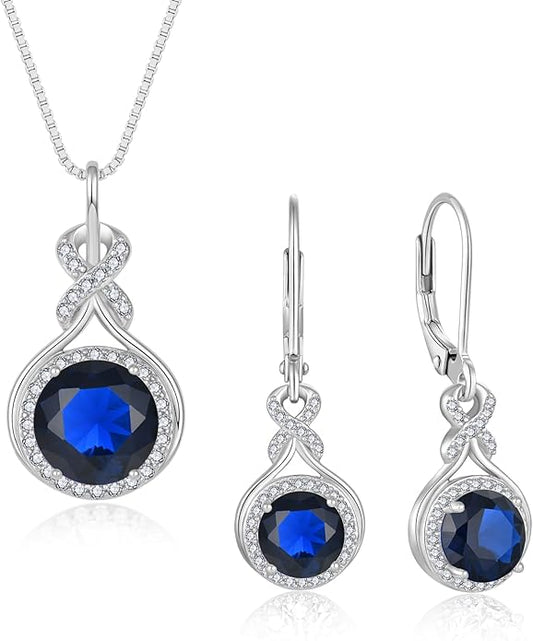 Sapphire Infinity Jewlery Set for Women, 925 Sterling Silver Necklaces and Earrings Halo September Birthstone Jewelry Gift for Birthday Anniversary