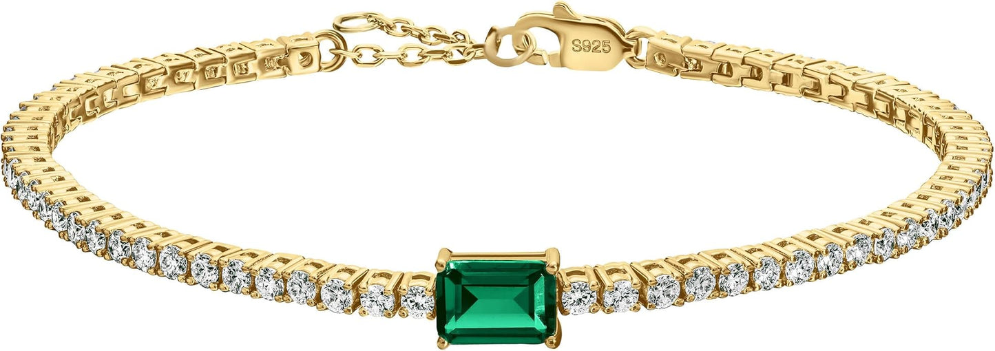 18K White/Yellow Gold Plated Silver Bracelet With Lab Grown Sapphire/Emerald/Ruby Surrounded With Lab Grown Diamond/Moissanite, Bracelet For Women Comes With Gift Box