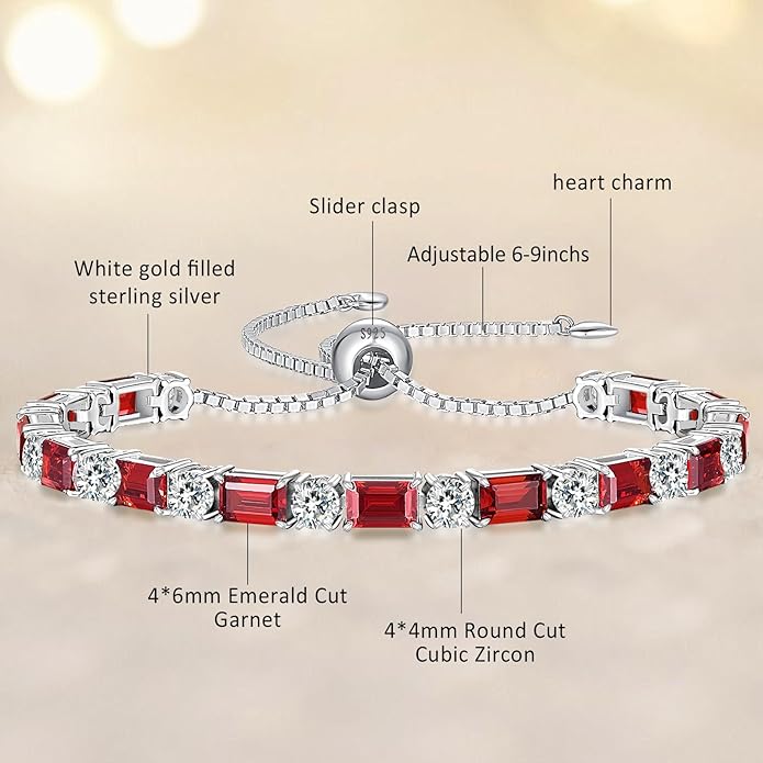 Birthstone Tennis Bracelets for Women White Gold Sterling Silver Gemstone Bracelets Adjustable Chain 6-9 Inchs Jewelry Anniversary Birthday Gifts for Women Mom Wife Her