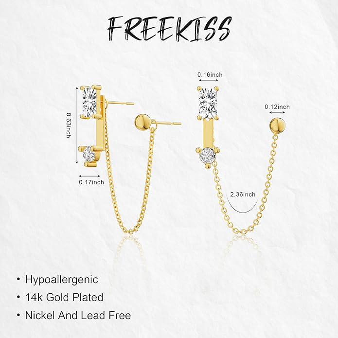 Freekiss Gold Chain Studs Earrings for Women Trendy: Hypoallergenic 14K Gold Plated Dangle Earrings Dainty Small Long Chain Earring Set Fashion Gold Jewelry for Women