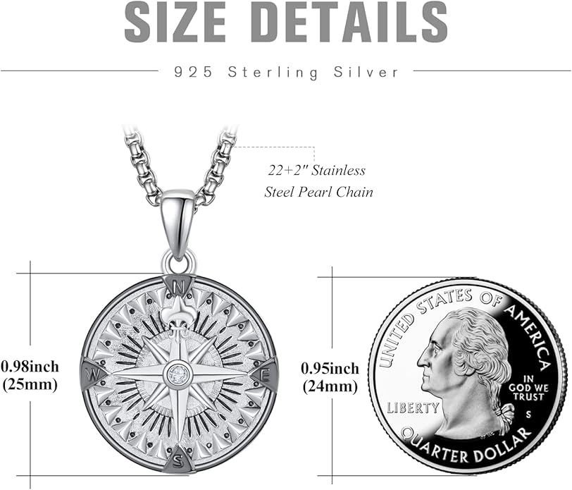 KINGWHYTE Compass Necklace for Men 925 Sterling Silver Birthday Gifts Graduation Travel Jewelry for Husband Brother with Stainless Steel Chain