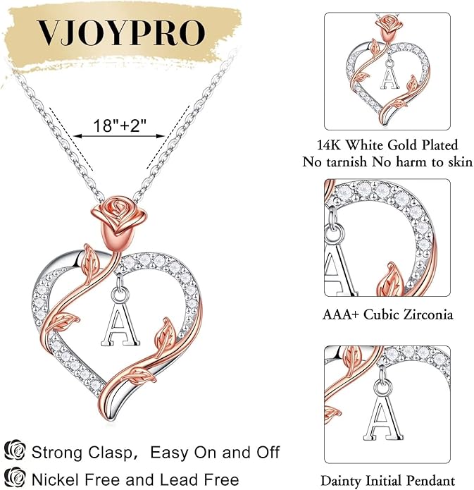 Rose Heart Initial Necklace Gifts for Women Girls, Letter Pendant Necklaces for Women Jewelry Anniversary Birthday Gifts for Her Wife Girlfriend Teen Girls