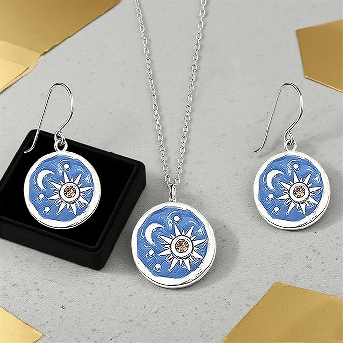 MALOYANVE Vintage Sun and Moon Drop Dangle Earrings for Women Unique lightweight Handmade Retro Boho Antiqued Gold Silver Round Coin Earrings for Women Jewelry