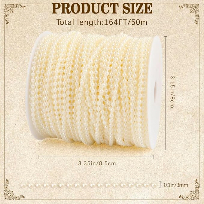 Pearl Beads Garland, 3mm String of Pearls, 164FT Pearl Garland for Christmas Tree, Christmas Faux Pearls Strand Roll for DIY Craft Xmas Wedding Party Supplies Flowers Decoration (Ivory)