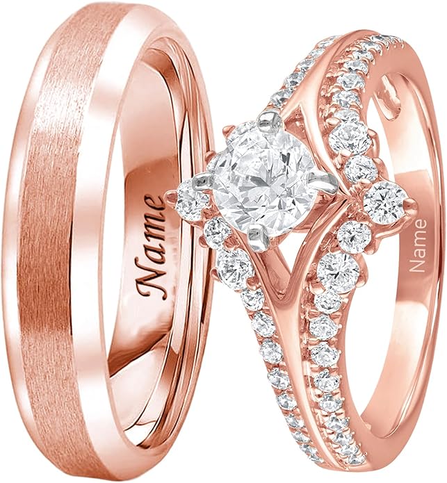 Rikelus Moissanite Engagement Ring Sets for Couples,10K 14K 18K Solid Gold Heart/Princess/Round Cut Bridal Ring Sets,Customized Matching Wedding Bands Set for Men and Women Free Engraving