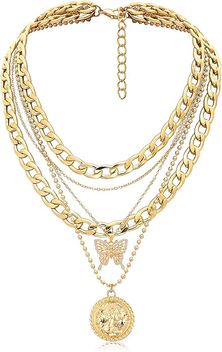 MJartoria Layered Necklaces for Women Trendy Retro Coin Pendant Necklace Dainty Chunky Chain Choker Necklaces for Jewelry Birthday Gifts