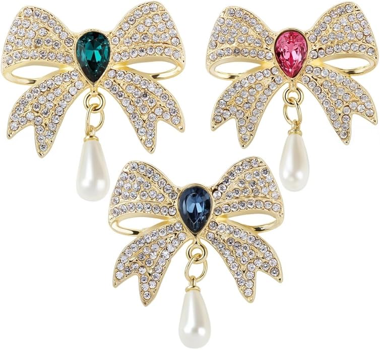 3PCS Vintage Pearl Rhinestone Bow Brooch Gold Brooches and Pins for Women Red Blue Green Gemstone Pearl Brooch Pins for Dresses Womens Clothes Corsage Clothing Accessories Jewelry Pins and Brooches