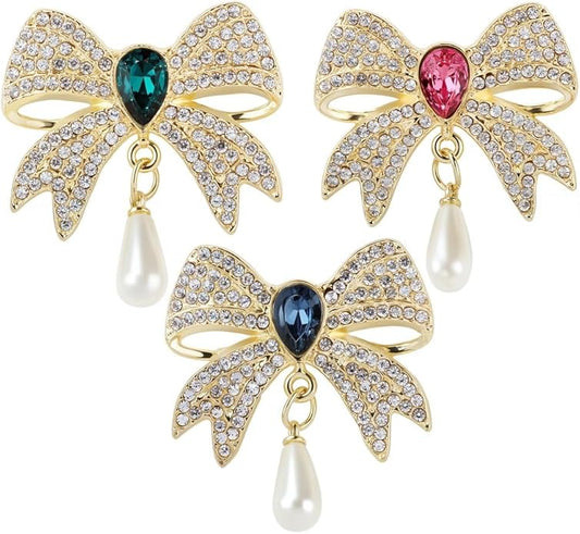 3PCS Vintage Pearl Rhinestone Bow Brooch Gold Brooches and Pins for Women Red Blue Green Gemstone Pearl Brooch Pins for Dresses Womens Clothes Corsage Clothing Accessories Jewelry Pins and Brooches