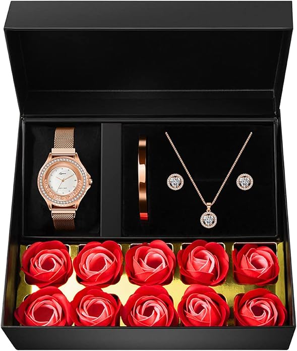 Watches Sets for Women, Rose Gold Watch Set Necklace Earring Bracelet 4 Pieces Jewelry Set for Mom Wife Girlfriend