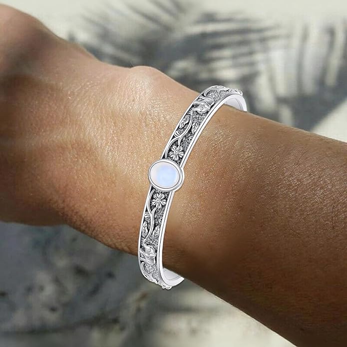 Moonstone Elephant Cuff Bracelet, Handmade Sterling Silver Boho Jewelry, Gift of Wisdom and Good Luck for Women