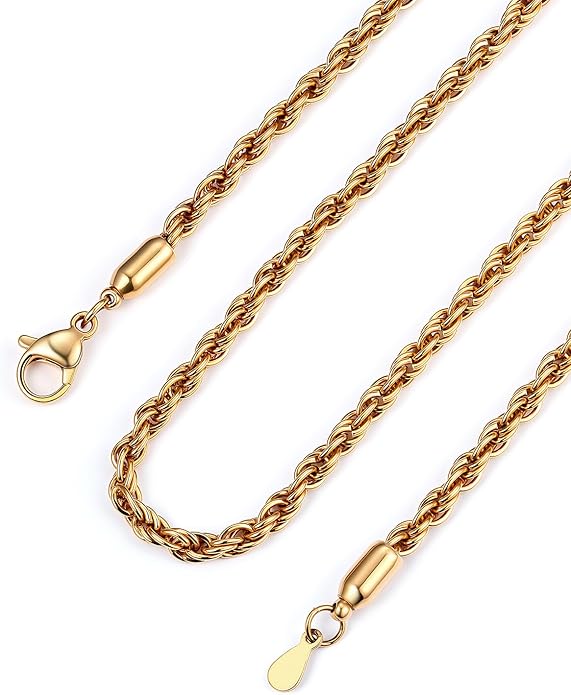 Bandmax Solid 1.5mm/2mm/3mm/6mm Rope Chains for Men Women 14K Gold Plated/Black Plated Stainless Steel Twist Chain 16-30 Inches, with Gift Box
