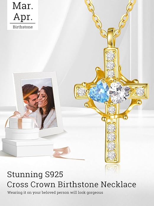 Zeuslia Double Birthstone Necklace Gifts for Wife - 925 Sterling Silver Sunflower/Rose/Crown Cross/Compass/Heart Pendant I Love You Necklace, Anniversary Birthday Gifts for Wife Girlfriend Mom Her