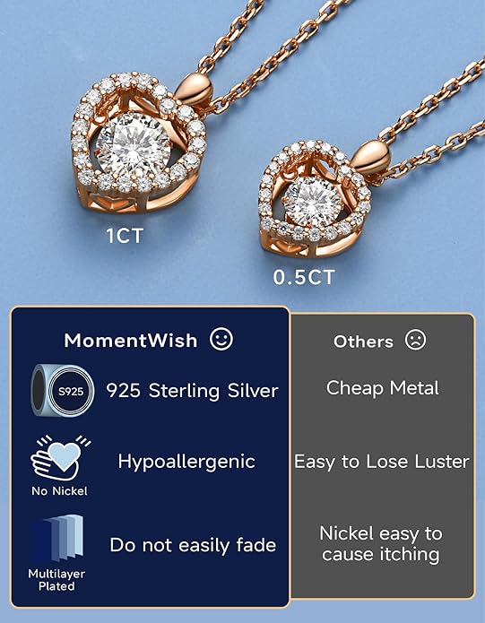 MomentWish Dancing Heart Necklace for Women, 0.5/1 Carat Dancing Moissanite Necklace for Her 925 Sterling Silver Pendant Anniversary Birthday Christmas Gift for Wife Mom Girlfriend