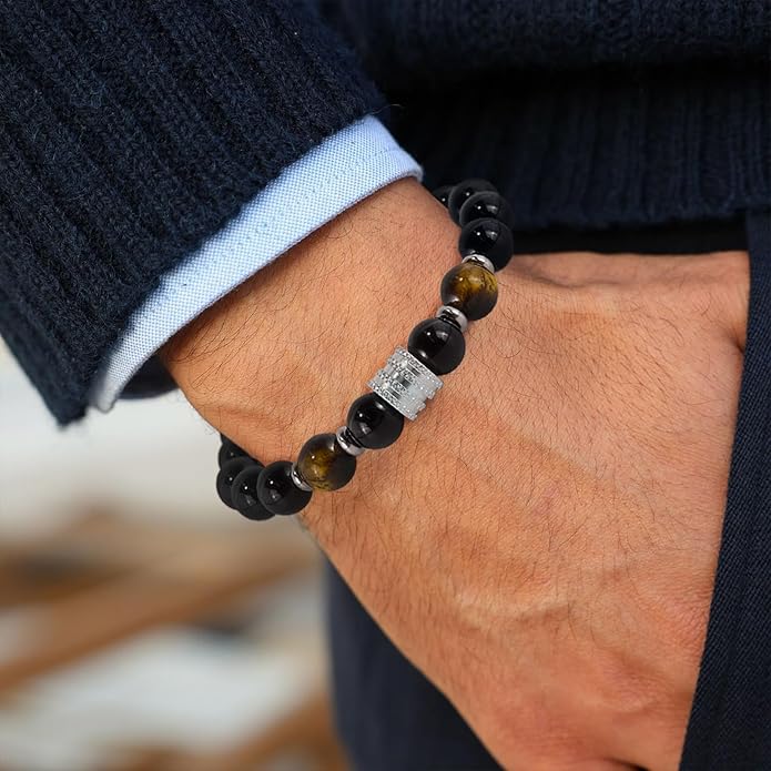 Hamoery Bracelets for Men Natural Tiger Eye Stone Beads Braided Rope Bracelet Gift for Dad Husband