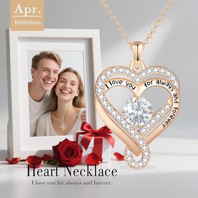 Birthstone Heart Necklaces for Women, Infinity Pendent S925 Sterling Silver Jewelry for Women, Wedding Anniversary, Birthday Mother’s Day Gifts for Mom, Mother, Wife, Girlfriend