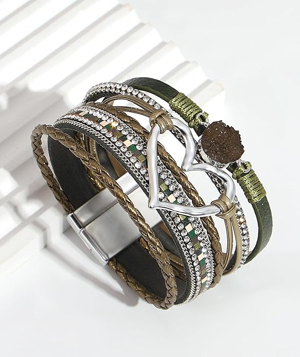 Leather Wrap Bracelet for Women Beaded Cuff Bracelet with Heart-shape Decor Bohemian Crystal Bracelet Jewelry with Clasp Bangle Bracelet for Women Girls Birthday Holiday Gift