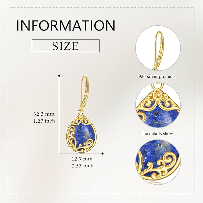 Filigree Earrings Sterling Silver Teardrop Moonstone Moss Agate Lapis Lazuli Larimar Emerald Peridot Opal Dangle Dangly Drop Leverback Earrings Boho Jewelry Gifts for Women