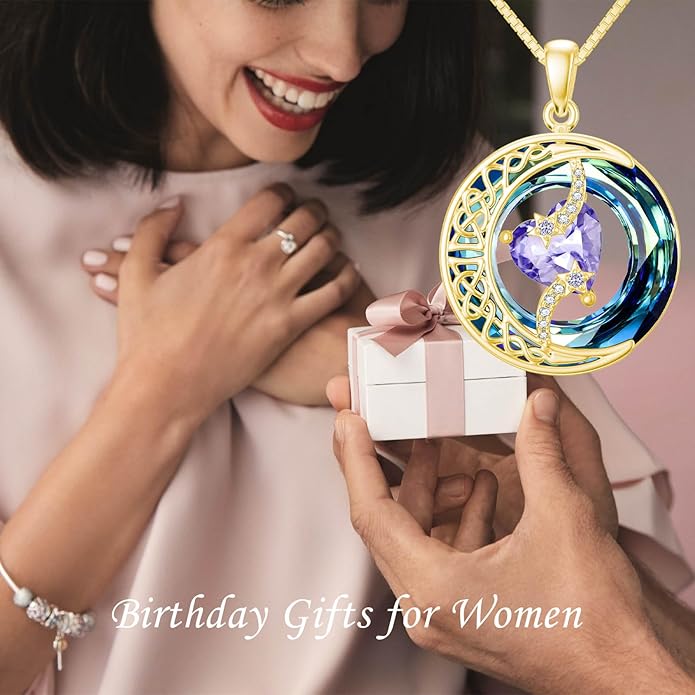 TOUPOP Christmas Gifts Birthstone Necklace 925 Sterling Silver Moon and Star Pendant with Blue Crystal Celtic Moon Jewelry Birthday Gifts for Women Mom Wife Her Daughter