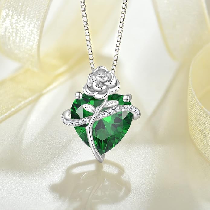 Birthstone Necklace for Women 925 Sterling Silver Love Heart Rose Flower Necklace Dainty Jewelry Gifts for Women Wife Girlfriend Mother Daughter Her