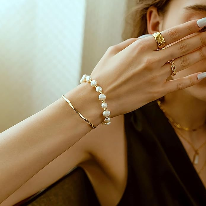 Cowlyn Pearl Bracelets for Women - Dainty 14K Gold Plated Beaded Pearl Link Chain Birthday Christmas Jewelry Gifts for Women