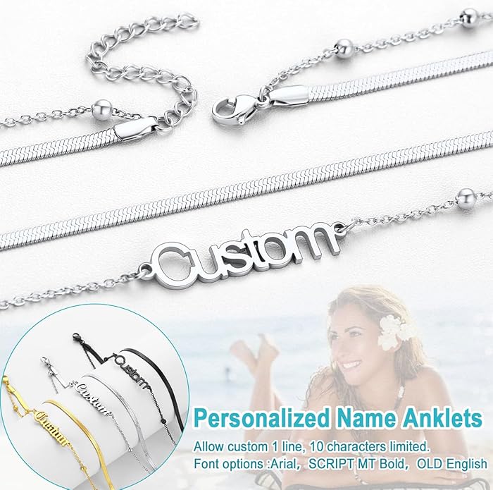 U7 Custom Layered Ankle Bracelets for Women Stainless Steel Bead/Cuban/Figaro/Rope/Wheat Chain Anklet Waterproof Anklet Jewelry for Beach Vacation