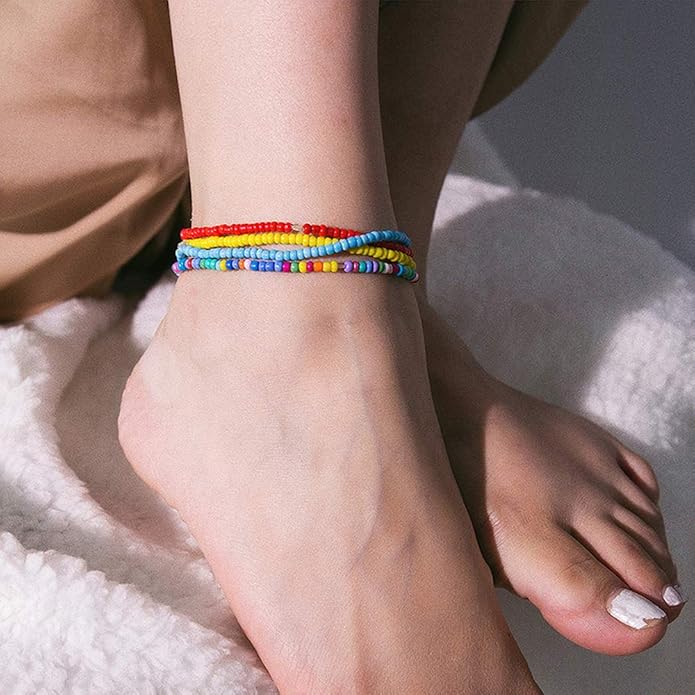 XIJIN 8Pcs Handmade Beaded Anklets for Women Boho Colorful Beads Ankle Bracelets Adjustable Foot Anklet Set