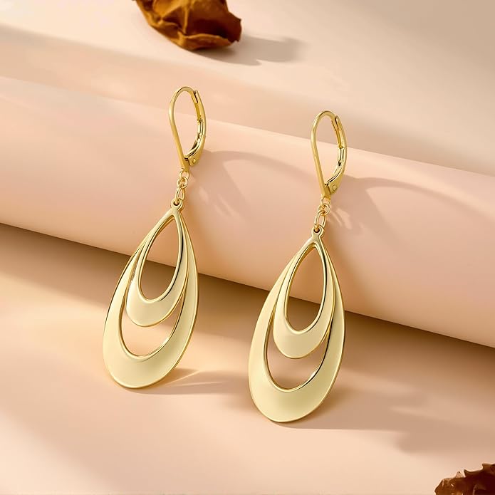 ALEXCRAFT 925 Sterling Silver & 14K Gold Plated Teardrop Dangle Earrings Double Teardrop Leverback Dangle Earrings for Women Hypoallergenic Trendy Prom Fashion Jewelry Gifts