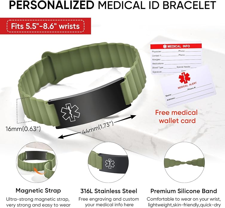 Comfortable Medical ID Bracelet for Men & Women - Custom Engraved Silicone Strap Comfort Fit Medical Alert Bracelets for Sports,Adjustable Waterproof Customizable Wristband for Diabetic