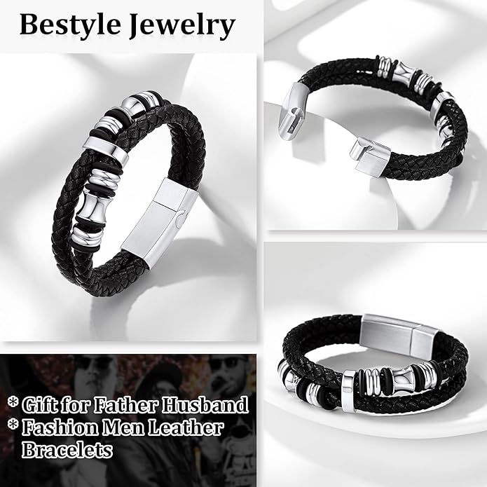 Bestyle Genuine Men Leather Bracelets Fashion Stainless Steel Celtic/Sport Ball Bead Cuff Wirstband Bracelets for Men, Size 7.5/8.3/9.1Inch