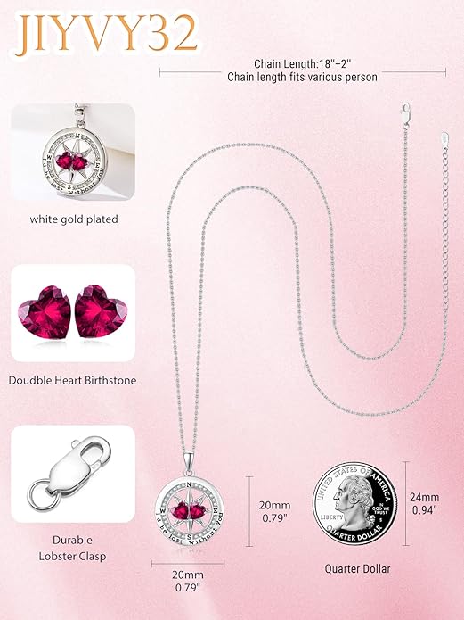 Compass Birthstones Necklace for Women, Exquisite Anniversary Birthday Gifts for Wife Her Double Birthstone Pendant jewelry ‘I'd be Lost Without You’