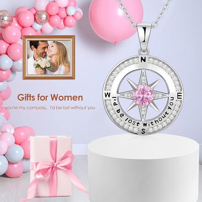 Zifeel Compass Necklace Gifts for Women wife - S925 Sterling Silver Birthstone Necklaces for Women - Anniversary Birthday Gifts for Her Wife Girlfriend - Valentines Mom Mothers Day Christmas Gifts Jewelry for Women