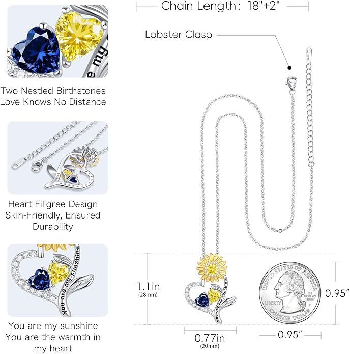 PERJI Valentine's Day Gifts for Women - 925 Sterling Silver Double Birthstone Sunflower Necklace, Anniversary Birthday Jewelry You are My Sunshine Gifts for Wife Couple Girlfriend 18"+2" Non Tarnish
