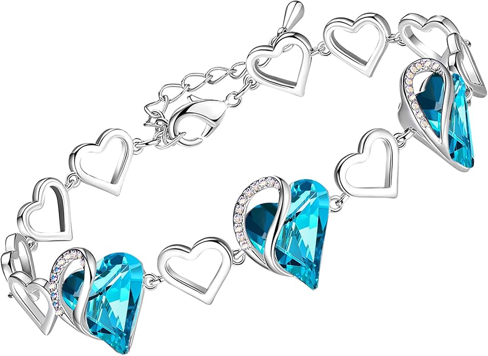 Leafael Infinity Love Heart Link Bracelets, Birthstone or Healing Stone Crystal Bracelet for Women, Silver Tone Jewelry Gifts for Her, 7-inch Chain and 2-inch Extender