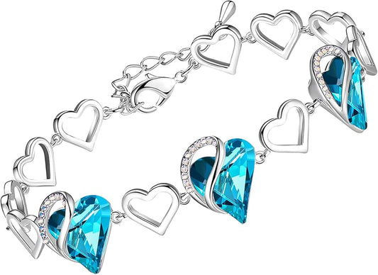 Leafael Infinity Love Heart Link Bracelets, Birthstone or Healing Stone Crystal Bracelet for Women, Silver Tone Jewelry Gifts for Her, 7-inch Chain and 2-inch Extender