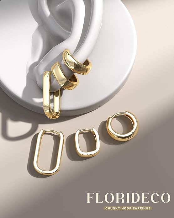Florideco 3Pairs Chunky Gold Earrings Set 14K Gold Plated Hoop Earrings for Women Trendy Small Thick Huggie Hoops Earring Lightweight Silver Hoop Earring Sets for Multiple Piercing