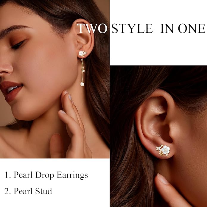 Zeffy Pearl Earrings for Women 14k Gold/Silver Pearl Drop Earrings Long White Pearl Tassel Dangle Statement Earrings Bridal Wedding Dainty Prom Earrings Birthday Gifts Jewelry