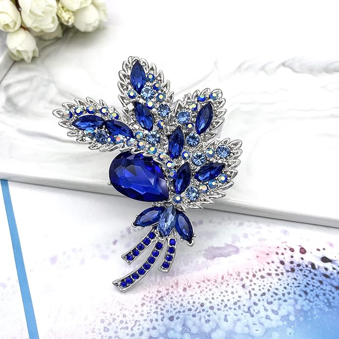 YOQUCOL Big Large Brooch Pin Austrian Crystal Leaf Shape Bouquet Rhinestone Scarf Decoration Wreath Cloth Brooches Pins For Women Girls
