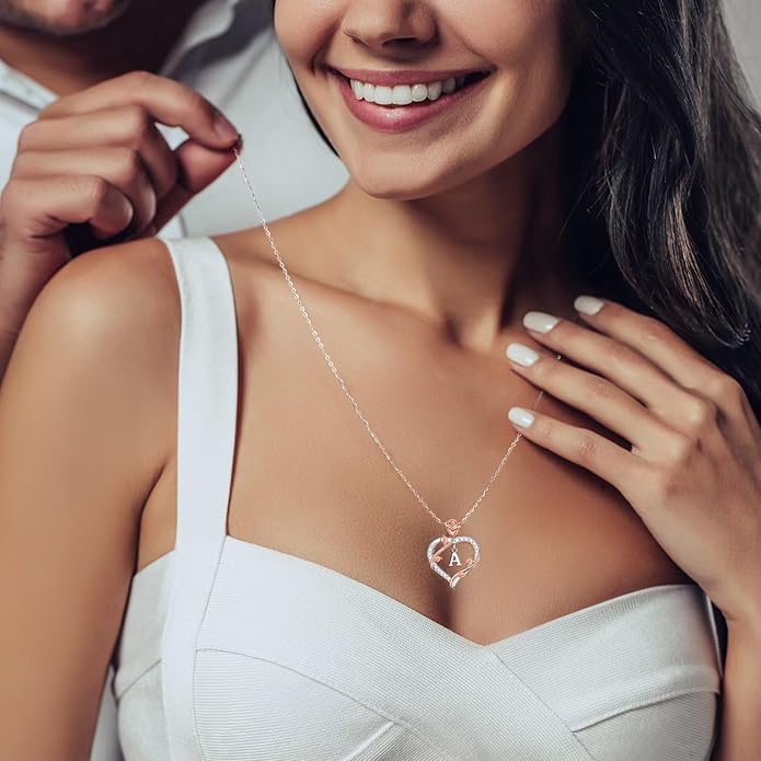 Iefil Rose Heart Necklaces Gifts for Women - 925 Sterling Silver Heart Initial Necklace, Anniversary Birthday Gifts for Women, Jewelry Gift for Wife Wife Girlfriend Mom