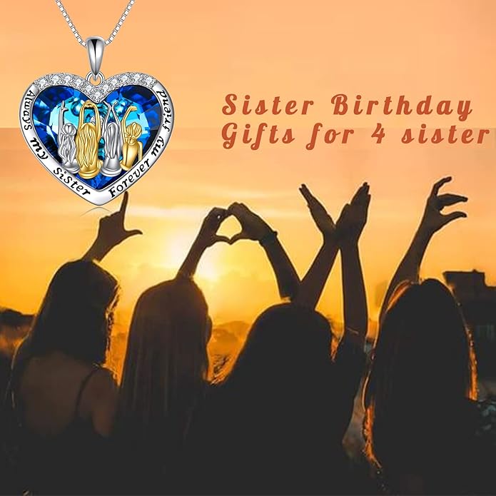 POPKIMI 925 Sterling Silver Sister Necklace - Birthday Gift for Sisters, Mom, Daughter - Always My Sister Forever My Friend Crystal Necklace for 2/3/4/5 Sisters