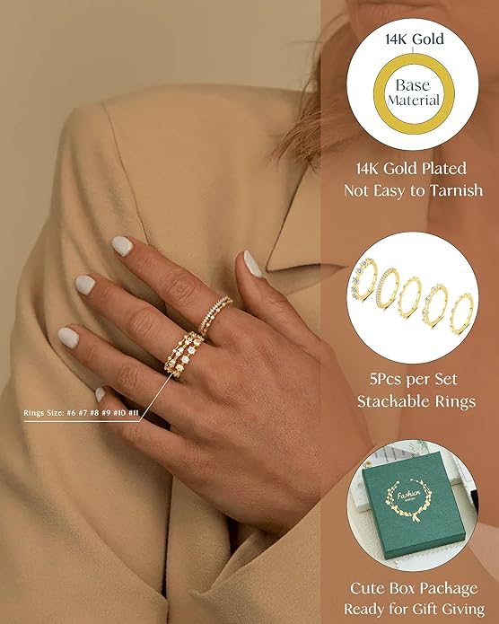 FUNEIA Stackable Silver Gold Rings for Women Non Tarnish 14K Gold Plated Thumb Cubic Zirconia Rings for Women Dainty Pinky Promise Wedding Ring Set Women's Engagement Eternity Band Rings Gold Jewelry