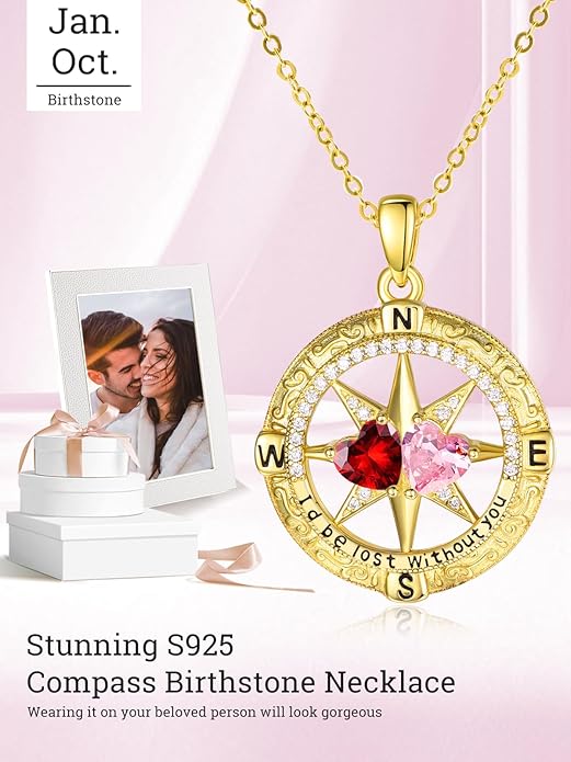 Zeuslia Double Birthstone Necklace Gifts for Wife - 925 Sterling Silver Sunflower/Rose/Crown Cross/Compass/Heart Pendant I Love You Necklace, Anniversary Birthday Gifts for Wife Girlfriend Mom Her
