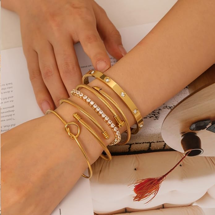 FAFUGA 18 K Gold Plated Love Bangle Bracelet Stack Cuff Jewelry for Women Jewelry Set for Women Gift with Box