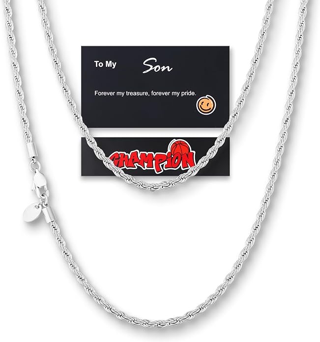 KRKC&CO Rope Chain Necklace for Men, Packaging with Gift Box & Card on Birthday from Mom Dad, 18K / White Gold Plated Chains, Hypoallergenic 316L Stainless Steel, Durable Men Jewelry, 3mm 16-26in