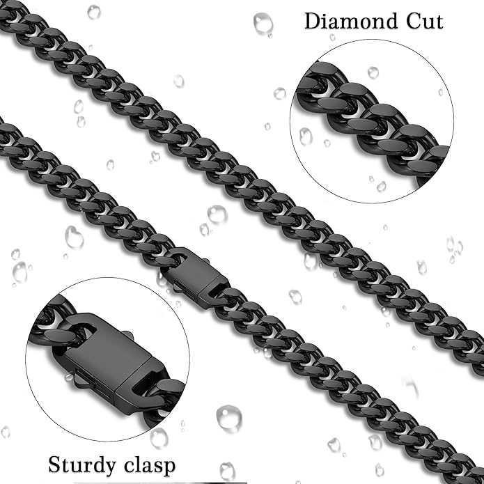 Fiusem Valentines Day Gifts for Him Silver Tone/Black/14K Gold Plated Chain Necklace for Men, 5mm/6mm/7.5mm/8mm/9mm Stainless Steel Cuban Link Chain Necklace, Men's Chains 18-28 Inch Jewelry Gifts